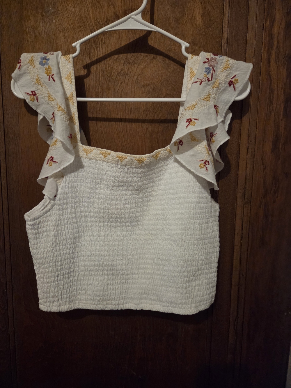 Japna White Smocked Crop Top with Embroidered Ruffle Straps